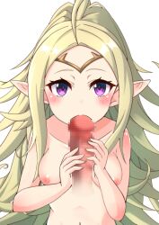 1boy 1girls ahoge apoj bare_arms bare_shoulders blonde_hair blush breasts censored collarbone completely_nude fellatio female female_focus fire_emblem fire_emblem_awakening long_hair looking_at_viewer male nintendo nipples nowi_(fire_emblem) nude nude_female oral penis penis_grab playing_penis_like_flute playing_skinflute pointy_ears purple_eyes shoulders small_breasts solo_focus very_long_hair white_background