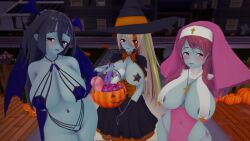 3d 3girls bandage_on_face blue_skin blush condom condom_wrapper large_breasts looking_at_viewer mijizumi minamoto_sakura nikaidou_saki nun_outfit onahole pasties piercing pumpkin red_eyes scar_on_face sex_toy succubus_costume succubus_horns succubus_tail succubus_wings vibrator witch_costume witch_hat yamada_tae zombie zombie_girl zombie_land_saga