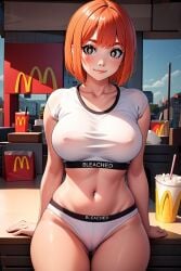 1girls ai_generated asian asian_female bleached bleached_clothing breasts female mcdonald's mom_(japanese_mcdonald's_commercial) nipples_visible_through_clothing red_hair sole_female white_panties white_shirt yoru_mac