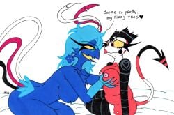 2023 2girls anthro anthro_on_anthro asmodeus_(helluva_boss) bed blue_body blue_fur blue_hair blush boots breast_grab breasts broken_horn clothing demon duo empty_eyes fangs female female/female female_asmodeus_(helluva_boss) female_fizzarolli female_only fizzarolli_(helluva_boss) footwear fur furniture genderswap genderswap_(mtf) hair hand_on_breast helluva_boss hi_res horn imp legwear mature_female mtf_crossgender multiple_girls nipples nude on_bed open_mouth open_smile rule_63 simple_background skeleslay smile solo_female teeth thick_thighs thigh_boots thigh_highs traditional_media_(artwork) white_background yellow_eyes