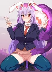 ? ?? absurdres animal_ears black_hair black_jacket blazer blue_thighhighs breasts censored clothes_lift collared_shirt double_v female hand_on_another's_head highres huge_breasts itou_yuuji jacket loafers long_hair monster necktie no_panties purple_hair pussy rabbit_ears red_eyes red_necktie red_skirt reisen_udongein_inaba shirt shoes skirt skirt_lift squatting thighhighs touhou udonge_in_interspecies_cave v white_shirt