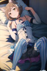 1boy ai_generated ap2-ai-artist bob_cut brown_hair cat_ears cat_tail catboy crossdressing dress felix_argyle femboy frilled_dress frills from_above girly hi_res high_resolution laying_on_back laying_on_bed male male_only otokonoko pantyhose paw_pose penis_bulge re:zero_kara_hajimeru_isekai_seikatsu solo yellow_eyes