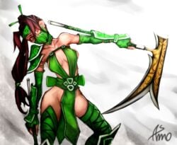 1girls akali akali_jhomen_tethi asmo brown_eyes brown_hair brown_hair_female female female_focus female_only league_of_legends posing posing_with_weapon riot_games skimpy_clothes skimpy_costume skimpy_dress skimpy_outfit solo_female solo_focus