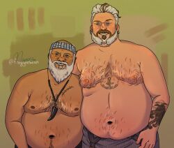 2boys 2males bara barazoku beard belly big_belly big_tummy daddy dilf earrings fang_(our_flag_means_death) froggeebean gay grey_hair hairy_chest looking_at_viewer moobs our_flag_means_death pirate shirtless shirtless_male side_hug size_difference smiling smiling_at_viewer tattoos topless topless_male tummy wee_john_feeney white_hair