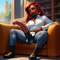 1futa ai_generated brown_skin cafe casual_clothes dark-skinned_futanari futa_only futanari gerudo huge_cock nintendo oc original_character original_characters public_nudity red_hair self self_upload the_legend_of_zelda wilderness