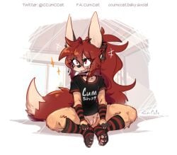 andromorph anthro big_ears big_tail blush blushing bottomless canid canine choker cum.cat cute_expression digital_media_(artwork) embarrassed fennec flashing_pussy fox fur genitals graphic_tee hair hair_ornament hi_res intersex legs_apart legs_crossed looking_at_viewer mammal open_mouth penta_(cum.cat) pussy pussy_peek red_eyes red_fur sitting_on_floor smile solo striped_clothing striped_legwear striped_socks tail white_tipped_tail