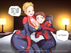 1boy 1boy1girl 1girls 2019 2019s absurd_res age_difference ass bed bedroom big_ass big_breasts black_eyes blonde_female blonde_hair blonde_hair_female blue_eyes bokuman breasts captain_marvel carol_danvers color colored costume dialogue english_text female female_focus filming height_difference hi_res huge_breasts human human_female human_male imminent_sex large_breasts making_a_porno male marvel marvel_cinematic_universe older_female older_female_and_younger_boy older_woman_and_younger_boy peter_parker short_hair sitting_on_bed smaller_male speech_bubble spider-man spider-man_(series) straight_hair text thick_thighs thigh_highs thighs you_got_something_for_me? younger_male