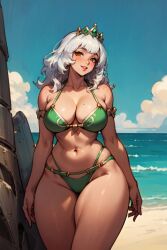 1girls ai_generated big_breasts bikini breasts curvy female female_only green_bikini green_swimwear hourglass_figure league_of_legends navel qiyana_yunalai riot_games rocksolidart seaside solo solo_female swimwear thick_thighs thighs white_hair wide_hips