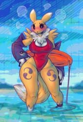 1girls 2023 anthro armwear bandai_namco big_breasts black_sclera blue_eyes blush cleavage digimon digimon_(species) dimwitdog female female_only fur furry heavy_blush hi_res leotard lifeguard looking_at_viewer nipple_bulge one-piece_swimsuit pool red_leotard renamon solo steam swimsuit thick_thighs wide_eyed wide_hips yellow_fur yin_yang