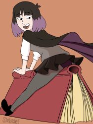 1girls black_hair book cape clothed clothed_female clothing female female_focus female_only hilda_(series) human human_only kaisa_(hilda) looking_back purple_highlights siriusdei tagme witch