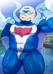 blue_gloves blue_suit bodysuit bulge bulge_through_clothing costume elderly_male eye_covering eyes_covered flexing flexing_bicep glistening_clothing gloves gym_leader hero_costume kofu_(pokemon) lakeside latex_gloves male male_only mature_male musclegut muscular nintendo old_man palafin pokemon