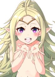 1girls after_fellatio after_oral after_sex ahoge apoj bare_arms bare_shoulders blonde_hair blush breasts collarbone completely_nude cum cum_in_mouth cum_on_tongue female female_only fire_emblem fire_emblem_awakening long_hair looking_at_viewer nintendo nipples nowi_(fire_emblem) nude nude_female open_mouth outstretched_hand pointy_ears purple_eyes shoulders small_breasts smile solo swallowing_cum tongue very_long_hair white_background