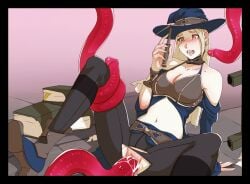 1girls ahe_gao ass black_legwear blonde_hair blush books breasts cleavage clothed_sex clothing cum cum_in_pussy cum_inside female female_human female_penetrated legs_up long_hair open_mouth penetration penis_tentacles potion pussy red_tentacles sex shirami_(artist) spread_legs tentacle tentacle_around_leg tentacle_in_pussy tentacle_on_female tentacle_penetration tentacle_sex torn_clothes torn_pants vaginal_penetration wide_hips witch witch_hat