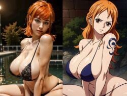 1girls 2d 2d_(artwork) 2girls 2koma actress ai_generated alternate_style anime anime_style big_breasts bikini blue_bikini_top blue_bra cartoony celebrity cleavage comparison emily_rudd female female_only hoeyuga huge_boobs huge_breasts huge_tits large_breasts nami nami_(one_piece) one_piece one_piece_(live_action) orange_hair pale-skinned_female photorealism photorealistic post-timeskip pre-timeskip realistic tattoo time_paradox water