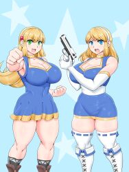 2girls ahegao8 big_breasts blonde_hair blue_dress blue_eyes blue_guardian_margaret boots breasts cleavage clothed clothed_female clothing collarbone commission dress elbow_gloves female female_only firearm gloves green_eyes gun hair_ornament hairband margaret_(blue_guardian_margaret) naive_guardians_(artist) navel navel_visible_through_clothes original original_character sofi_(naive_guardians) thick_thighs thighhighs weapon