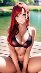 1girls ai_generated ai_mirror arms_in_front belly_button blush brown_eyes building dock earrings grass lake lakeside light_skin long_hair looking_at_viewer medium_breasts purple_bikini red_hair spread_legs tree