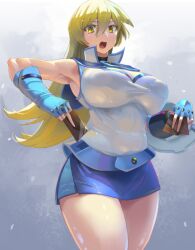 alexis_rhodes arms_up bare_arms bare_legs bare_shoulders blonde_hair breasts card closed_mouth female gloves huge_breasts kazo large_breasts long_hair looking_at_viewer miniskirt obelisk_blue_uniform open_mouth school_uniform shiny_skin shirt skirt sleeveless sleeveless_jacket sleeveless_shirt solo straight_hair tenjouin_asuka thighs vest wide_hips yellow_eyes yu-gi-oh! yu-gi-oh!_gx