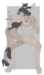 2boys black_hair bunny_boy bunnysuit cigarette diamond_is_unbreakable high_heels holding_cigarette jojo's_bizarre_adventure josuke_higashikata jotaro_kujo looking_at_viewer male male/male male_only uncle_and_nephew