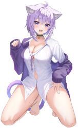 1girls ahoge animal_ear_fluff barefoot black_choker blush breasts cat_ears cat_girl cat_tail cleavage fangs hair_between_eyes hololive hololive_gamers hololive_japan large_breasts navel nekomata_okayu open_mouth purple_eyes purple_hair smile solo torakichi_888 virtual_youtuber white_background white_shirt