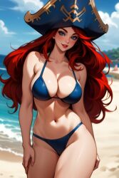 1girls ai_generated beach bikini blue_eyes curvy female female_only league_of_legends long_hair miss_fortune navel riot_games rocksolidart sarah_fortune seaside solo solo_female swimwear very_long_hair