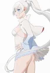 100wang 1girls ass blue_dress blue_eyes breasts dress female female_only long_hair panties panty_peek rwby scar shiny_skin tagme weiss_schnee white_background white_hair