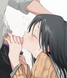 1boy black_hair blush censored closed_eyes cum cum_in_mouth cum_overflow ejaculation fellatio female heart mosaic_censoring nonoyama oral original penis_grab simple_background solo_focus straight sweat white_background