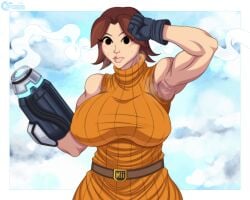 1girls arm_cannon armpit armpits belt big_breasts black_eyes blue_background brown_hair buckle clothing female female_focus glove mii mii_gunner mii_gunner_(smash_4) mob_face muscular muscular_female nintendo orange_shirt orange_sweater parted_hair plump_lips sleeveless_shirt solid_circle_eyes solo solo_female steam super_smash_bros. super_smash_bros._for_nintendo_3ds_and_wii_u sweat sweater sweating tenjosan thick_lips turtleneck upper_body