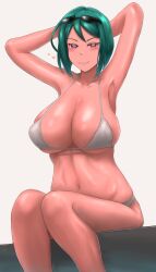 1girls arms_behind_head big_breasts bikini breasts busty curvaceous curvy curvy_body curvy_female curvy_figure female green_hair hands_behind_head huge_breasts kiratto_pri_chan kuri_(artist) large_breasts midorikawa_sara voluptuous white_bikini