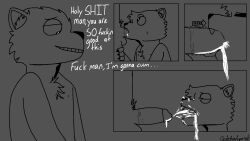 3_panel_comic anthro arrow_sign big_penis black_and_white bodily_fluids canid canine canis chest_tuft comic cum cum_drip cum_in_mouth cum_inside cum_on_face cum_on_penis cum_on_snout cum_string cumshot deepthroat dialogue dripping duo ejaculation fellatio fox genital_fluids genitals grey_background hair hand_on_leg head_tuft hi_res inner_ear_fluff inviting_cumshot lidded_eyes looking_pleasured male male/male mammal monochrome nipples oral penile penis pubes quichewizard sex signature simple_background tuft wet wet_penis wolf