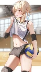 1girls ball blonde_hair blush cameltoe female female_focus female_only genshin_impact gold_eyes hoyoverse japanese_text kabu_usagi lumine_(genshin_impact) medium_breasts open_belly short_hair smile smiling smiling_at_another sport sports sports_bra sports_uniform sportswear sweat sweatdrop sweating tagme tagme_(artist) volleyball yellow_eyes