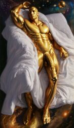 1boy 3d abs barefoot galaxy gold_cock gold_dick gold_eyes gold_male gold_penis gold_skin golden_body golden_male golden_man human humanoid male masculine masculinity muscles naked nude solo universe