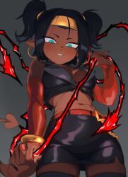 1girls android android_x-2_(poicapz) athletic_female belly_button black_hair blue_eyes dark_skin demon_tail dragon_ball dragon_ball_z elf_ears energy_weapon incoming_attack monster_girl navel original_characters pointy_ears small_breasts smiling_at_viewer tail twintails zquung