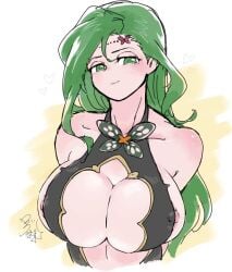 1girls alternate_costume annand_(fire_emblem) areolae areolae_slip arms_behind_back big_breasts breasts cleavage cosplay female female_only fire_emblem fire_emblem:_genealogy_of_the_holy_war fire_emblem_heroes green_eyes green_hair huge_breasts long_hair looking_at_viewer nintendo nipple_slip nipples plumeria_(fire_emblem)_(cosplay) smile solo ta_dasu_(tadasu_hayashi) upper_body very_long_hair