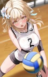 1girls ball blonde_hair blush breast_squeeze breasts female female_focus female_only genshin_impact gold_eyes hoyoverse japanese_text kabu_usagi lumine_(genshin_impact) medium_breasts short_hair sport sports sports_bra sports_uniform sportswear sweat sweatdrop sweating tagme tagme_(artist) volleyball yellow_eyes