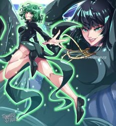 2girls big_ass big_breasts blush curly_hair esper esper_sisters exposed_ass exposed_legs eyelashes eyeliner female female_only flowing_clothing flowing_hair fubuki_(one-punch_man) gold_necklace green_eyes green_hair hands_above_head laying_down looking_at_viewer multiple_girls necklace nonude one-punch_man perky_breasts psychic psychic_powers red_lipstick shiny_clothes shiny_skin shiny_thighs short_hair side_ass sideass smile smiling_at_viewer tatsumaki thick_thighs tight_clothing tomatostyles twitter_username watermark