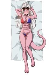 1girls abs android_21 android_21_(good) athletic_female barefoot beach_towel big_breasts bikini black_nails blue_eyes calf_muscles checkered_bikini costume dragon_ball dragon_ball_fighterz dragon_ball_z elf_ears feet fit_female glasses_on_head looking_at_viewer majin_android_21 monster_girl muscular_arms muscular_female muscular_legs muscular_thighs pink_body pink_skin pointy_ears six_pack smiling smiling_at_viewer spiked_hair spiky_hair sunglasses sunglasses_on_head tail towel white_hair wink winking_at_viewer zquung