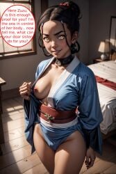 1girls ai_generated avatar_legends avatar_the_last_airbender azula bookoflustfan edit english_text female female_only flashing_breasts human katara kimono kimono_open possessed possession shiny_eyes solo text text_bubble