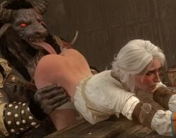 3d animated ass ass_up ciri clothing cunnilingus darktronicksfm dead_by_daylight dubious_consent female licking_pussy long_tongue minotaur monster oral panties pants_down the_oni_(dbd) the_witcher_(series) the_witcher_3:_wild_hunt white_hair