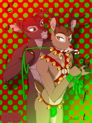 anthro antlers bambi bambi_(character) bambi_(film) bell bell_collar bell_harness bottomwear bound bow_ribbon brown_body brown_eyes brown_fur brown_hair bulge candy candy_cane candy_cane_in_mouth candy_in_mouth christmas clothed clothing collar comic cover cover_art cover_page deer dessert digital_media_(artwork) disney duo dustin_c english_text eyebrows eyelashes food fur gay green_eyes green_leash green_ribbons hair hands_tied harness hi_res holidays horn jingle_bell jingle_bell_collar jingle_bell_harness jockstrap jockstrap_only leash leashed_collar looking_at_another male male/male mammal nude open_mouth red_nose ring ronno scut_tail short_tail simple_background smile standing tail text topless underwear underwear_only