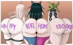 2023 2d 2d_(artwork) 3girls ass big_ass big_butt big_thighs black_hair blonde_hair bubble_ass bubble_butt butt_crack cellulite chabashira_tenko danganronpa female_only happy_birthday huge_ass huge_butt huge_thighs imminent_rape imminent_sex iruma_miu junior_art_ large_ass leggings legwear letters long_hair looking_away mioda_ibuki mixed_hair_color multiple_girls paint_on_ass pale-skinned_female pale_skin ribbon shiny_ass shiny_butt shiny_hair shiny_skin spike_chunsoft thick_ass thick_thighs thighs twin_braids twintails white_skin yellow_hair