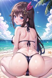 ai_generated ass ass_focus bare_shoulders big_ass big_butt bikini blue_eyes blush breasts brown_hair bubble_butt butt_crack female from_behind hair_ornament hair_ribbon hololive huge_ass long_hair looking_at_viewer mogumachine open_mouth shiny shiny_clothes shiny_hair shiny_skin sideboob smile solo squatting swimsuit thong thong_bikini tokino_sora very_long_hair virtual_youtuber