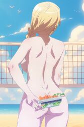 ai_generated anime_style ass back back_view backboob beach blonde_female blonde_hair blonde_hair_female bowl completely_naked completely_naked_female completely_nude completely_nude_female convenient_censoring from_behind fruit naked naked_female nude nude_female sea seaside volleyball_net