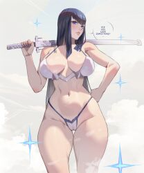 arttoru bakuzan big_breasts bikini hourglass_figure junketsu kill_la_kill kiryuuin_satsuki long_hair solo solo_female sword text thick_thighs weapon