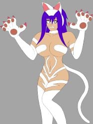 barely_clothed big_penis blush cat_ears cat_gloves cinder_ember cosplay darkstalkers fake_animal_ears felicia felicia_(cosplay) halloween halloween_costume huge_breasts large_breasts long_hair purple_hair shocked_expression simple_background spark_knight vampire_(game) werecat white_fur