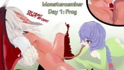 2girls 3d 3d_(artwork) braid breasts corrupted cunnilingus demon_girl demon_wings emma_(shouk) female/female female_only frog frog_girl gradient_background green_skin hololive hololive_gen_5 hololive_japan koikatsu long_tongue looking_pleasured manticore monster_girl nude open_mouth pubic_hair pubic_tattoo purple_hair shishiro_botan spread_legs succubus succubus_tattoo takumisrealmtf tan_body tattoo text tongue virtual_youtuber white_hair