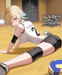 1girls ball blonde_hair blush female female_focus female_only genshin_impact gold_eyes hoyoverse japanese_text kabu_usagi lumine_(genshin_impact) medium_breasts open_belly short_hair smile smiling smiling_at_viewer split splits sport sports sports_bra sports_uniform sportswear sweat sweatdrop sweating tagme tagme_(artist) volleyball yellow_eyes