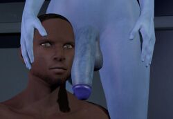 1boy 1futa 3d alien_girl asari asari_futanari balls big_penis blue_skin dark-skinned_male dark_skin futa_on_male futanari hand_on_face humanoid_dominating_human interspecies liara_t'soni looking_at_viewer male mass_effect penis role_reversal solo_male source_filmmaker submissive submissive_male testicles veiny_penis venomous_sausage