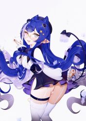 anntan anntan-desu blue_hair broken_horn cleavage exposed_ass fangs fingernails glasses hair_ornament heterochromia horn horns indie_virtual_youtuber long_hair mythic_live panties pointed_ears puffy_sleeves skirt skirt_slit tail thick_thighs thigh_strap thighhighs thighs underwear vampire virtual_youtuber