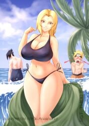 1girls 2boys absurd_res absurdres bikini bikini_bottom blonde_hair breasts brown_eyes cleavage curvy_female forehead_mark hi_res highres hourglass_figure large_breasts midriff muscular_male naruto naruto_(series) naruto_shippuden navel nosebleed older_female sasuke_uchiha seaside side-tie_bikini skimpy smile string_bikini swimming_trunks tank_top thick_thighs thin_waist tsunade undressing uzumaki_naruto vaelrock wide_hips younger_male