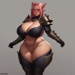 1girls ai_generated armor blush breasts cleavage darkeffect dnd_character female_only light-skinned_female looking_away pink_hair pointy_ears pussy pussy_juice simple_background thick thick_thighs warrior wide_hips